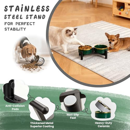 Elevated Ceramic Dog Bowl Set - Double Dishes with Stainless Steel Stand – Raised Feeding Bowls for Cats and Small Dogs - Food & Water Set - 5" / 1.6 Cups (160 g / 300 ml) - Gray - color: Gray, size: S