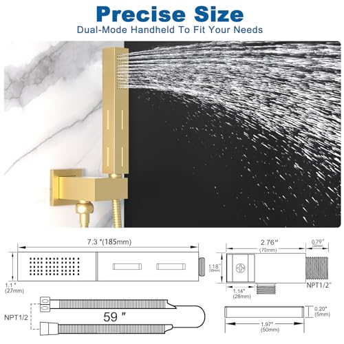2 Settings Models Handheld Shower Head Sprayer High-Pressure with 59" Long Flexible Hose, Square 2 in1 Solid Brass Adjustable Shower Wand Replacement Kit, Brushed Gold - color: Brushed Gold