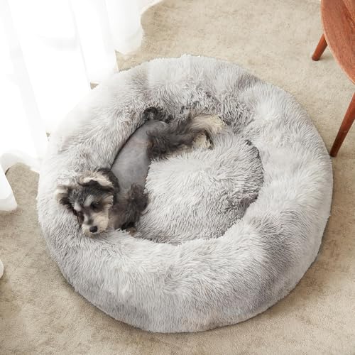 WESTERN HOME WH Calming Dog & Cat Bed, Anti-Anxiety Donut Cuddler Warming Cozy Soft Round Bed, Fluffy Faux Fur Plush Cushion Bed for Small Medium Dogs and Cats (20"/24"/27"/30"), White Grey - color: White Grey, size: 24.0"l x 24.0"w x 7.0"th