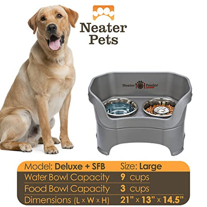 Neater Feeder Deluxe Mess Proof Dog Bowls Elevated for Large Breeds – Made in USA – No Spill Raised Slow Feeder Elevated Dog Bowl Stand, Stainless Steel Food and Water Bowl Set, Grey - color: Gunmetal Grey, size: Large with Slow Feed Bowl