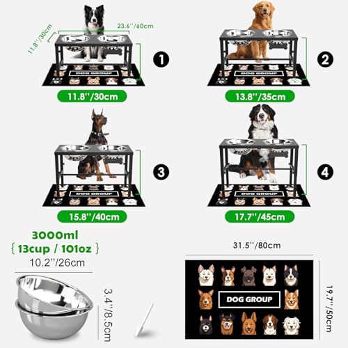 SHAINFUN Elevated Dog Bowls with Mat for Large & Extra Large Dogs, Raised Dog Bowl Stand with Two 101oz Stainless Steel Bowls, Tall Dogs Food Water Bowl Holder - color: Black-3L