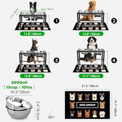 SHAINFUN Elevated Dog Bowls with Mat for Large & Extra Large Dogs, Raised Dog Bowl Stand with Two 101oz Stainless Steel Bowls, Tall Dogs Food Water Bowl Holder - color: Black-3L