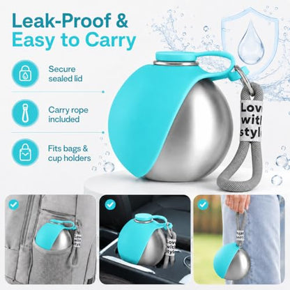 Portable Dog Water Bottle, 10 oz Stainless Steel Pet Travel Dispenser with Silicone Foldable Bowl, Leak Proof Tumbler, Dog Walking Accessories for Hiking and Small Pets (Blue) - color: Blue