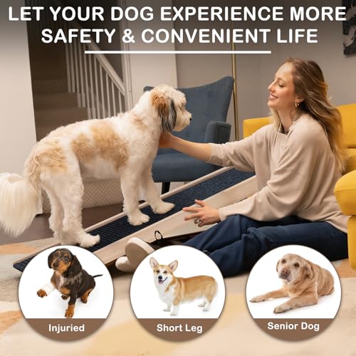 Folding Dog Ramp Safety, Wooden Adjustable Height Pet Ramps, Potable Dog Steps with Non-Slip Traction Mat, Dog Step for Bed, Dogs Stairs for SUV Car, Couch, Safe, Height Bed - size: 55.12 Inch Long