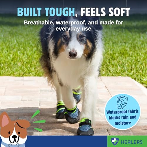 Healers Urban Walkers III Dog Boots – Paw Protection with Non-Slip Rubber Sole, Waterproof Breathable, Reflective Pet Booties for Dogs – Secure Hook and Loop Closure – 4-Pack Booties, Teal Blue, Large - size: Large