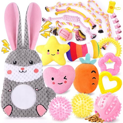 Zeaxuie 23 Pack Pink Puppy Toys for Teething, Small Dog Toys with Cute Puppy Chew Toys, Squeaky Dog Toys, Treat Ball and Interactive Rope Toys - color: 23 Pack (Cute-Bunny)