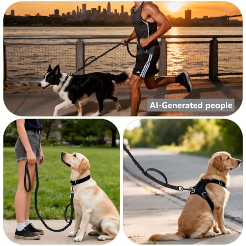 FOVRLZSE Reflective Bungee Dog Leash(Black) - 4FT to 5FT Adjustable Shock Absorbing Leash with Double Padded Handle & 360° No Tangle Metal Clasp for Small Medium Large Dogs - color: Black