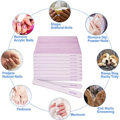 Nail File (200 Pcs), Bulk Emery Board Nail Files for Acrylic Nails and Natural Nails, 100/180 Grit Double Sided Emory Boards for Gel Nail Professional Reusable Washable Manicure Pedicure Kit Set Gray - size: 200 Pcs Rectangle 100/180 Grit