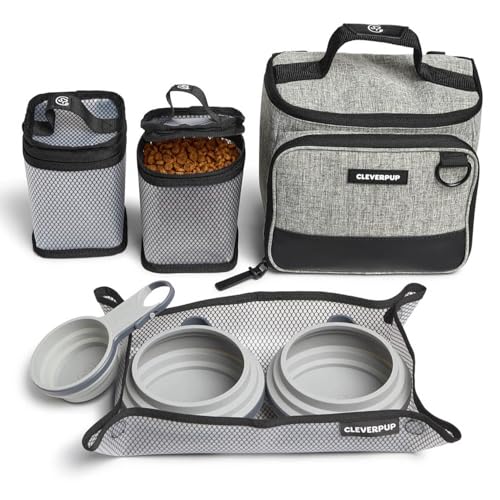 Cleverpup, Small 7-Piece Bistro Box Dog Food Travel Kit, 6-Cup BPA-Free Kibble Storage, 2 Silicone Bowls, Mat & Scoop - Portable Pet Food Kit for Weekends, Overnights, Daycare & Camping, Heather Grey - color: Heather Grey, size: Small