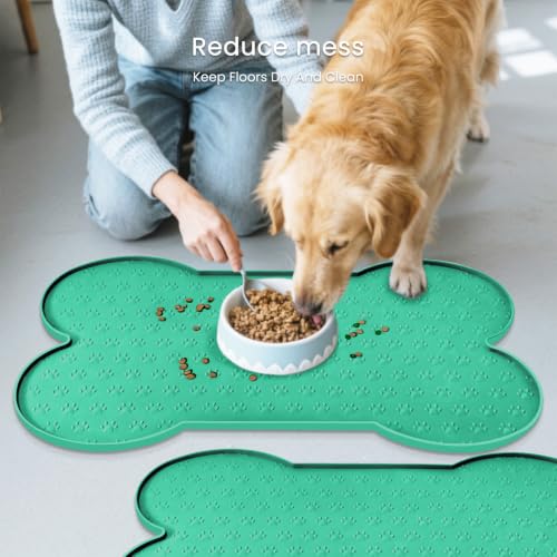 PWTAA Dog Food Mat Anti-Slip Silicone Dog Bowl Mat Thicker Pet Placemat Waterproof Cat Feeder Pad with Raised Edge Puppy Kitten Feeding Mats Suitable Small Medium-Sized Dogs Cats Eating Tray - 2PCS - color: Green, size: 19.4" x 9.8"-2PCS