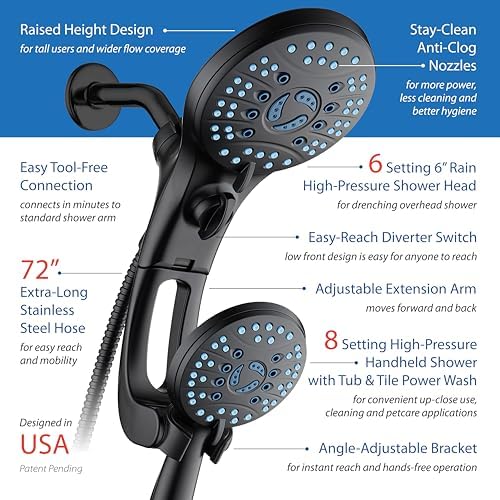 Hotel Spa AquaCare for California As-Seen-On-TV High Pressure Handheld Rain 50-mode 3-way Shower Head Combo with Adjustable Arm, Anti-clog Jets, Tub & Pet Power Wash, 6 ft. Hose, Matte Black - color: Matte Black, style: 1.8 Gallons Per Minute