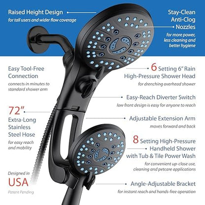 Hotel Spa AquaCare for California As-Seen-On-TV High Pressure Handheld Rain 50-mode 3-way Shower Head Combo with Adjustable Arm, Anti-clog Jets, Tub & Pet Power Wash, 6 ft. Hose, Matte Black - color: Matte Black, style: 1.8 Gallons Per Minute