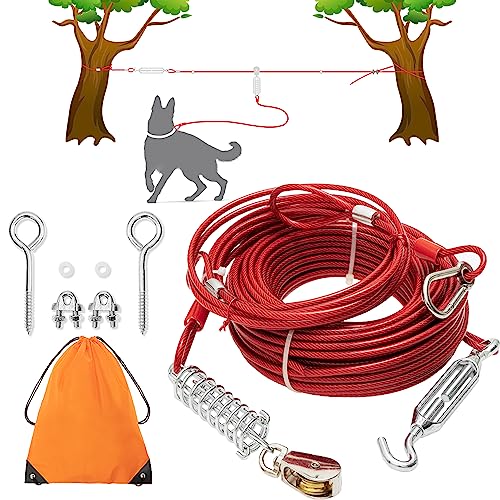 Dog Tie Out Cable - 100 ft Long Dog Cable with 10 ft Run Cable for Yard Training Running Camping Hiking Outdoor - Heavy Duty Chew Proof Lead Leash with Buffer Spring for Small Medium Large Dogs - color: Red