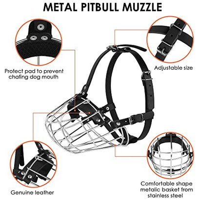 Pitbull Dog Muzzle Metal Mask Amstaff Secure Wire Basket Adjustable Durable Leather Straps for Large Dogs (Steel) - color: Steel