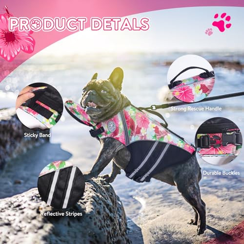 Dog Life Jacket, French Bulldog Life Vest for Swimming Boating, Dog Swim Vest with Chin Float and Rescue Handle, High Flotation Puppy Life Jackets (Chest Girth: 17" to 30", Weight: 17" to 28" LB) - color: Flower+Pink