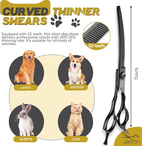 JASON Dog Thinners for Grooming - 7" Down-curved Blender Scissors, Japanese 440C Stainless Steel Dog Grooming Thinning Shears with Adjustable Screw Black - style: Down-curved Thinning Black