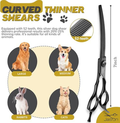 JASON Dog Thinners for Grooming - 7" Down-curved Blender Scissors, Japanese 440C Stainless Steel Dog Grooming Thinning Shears with Adjustable Screw Black - style: Down-curved Thinning Black