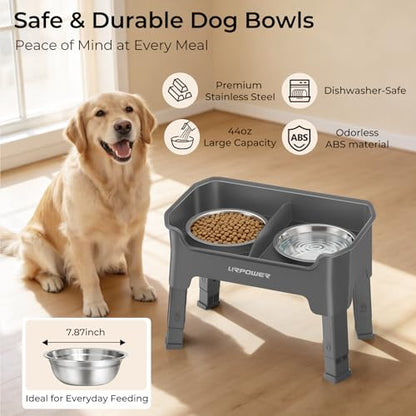 URPOWER Mess Proof Elevated Dog Bowls, High Wall Splash Guard Design, 4 Height Adjustable Raised Bowl Stand, 2 Stainless Steel Bowls, Non-Slip Food Water Set for Small Medium Large Dogs - color: Grey, size: Medium