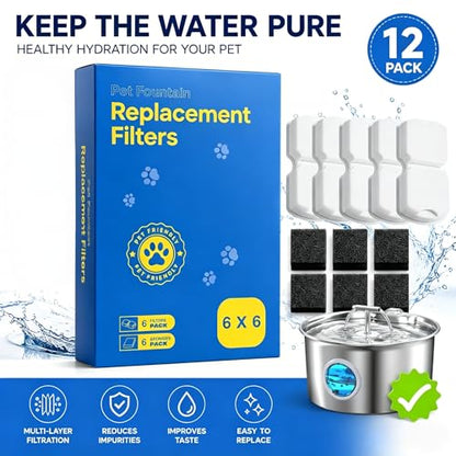 Cat Water Fountain Filter: 12 Pet Fountain Replacement Screen for Stainless Steel - 6 Carbon Filters & 6 Foam Filters - Suitable for Cat Water Fountain Stainless Steel S17
