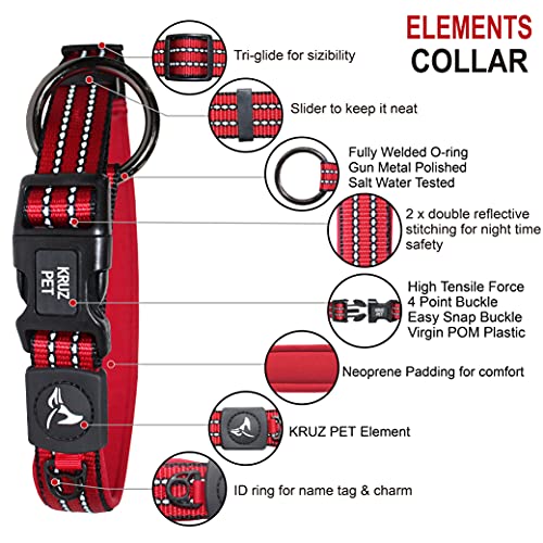 Kruz Dog Collar for Large Dogs (Width - 1", Length - 21"-25") Reflective Adjustable Pet Neck Band with Soft Padding, Heavy-Duty O-Ring, 100% Nylon Strap (Red, Large) - color: Red, size: Large