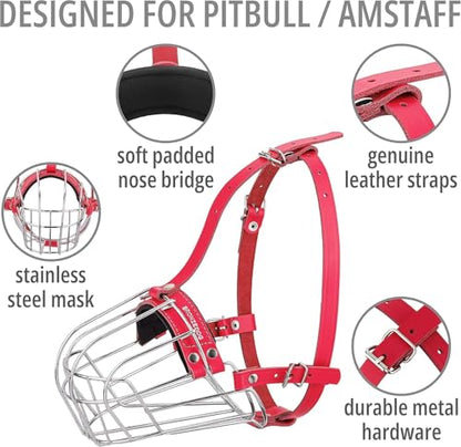 BRONZEDOG Pitbull Dog Muzzle Breathable Metal Basket for Large Dogs Amstaff Staffordshire Terrier Biting Chewing Barking (Leather, Pink) - color: Leather, Pink