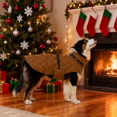 Kuoser Dog Coat Warm Fleece Lining Turtleneck Dog Jacket with Harness Built-in, Adjustable Windproof Cold Weather Coats with Quick Release Buckle Pet Winter Snowsuit for Extra Large Dogs, Khaki 2XL - color: Khaki, size: Xx-large (Chest Girth: 35.4")