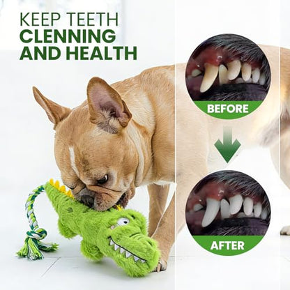 Squeaky Plush Crocodile Dog Toy with a Rope Tail,Crinkle Stuffed Dog Toy Keep Them Busy Tug of War Training Play, Dog Chew Toys for Small Dogs (Green)