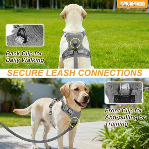 BEAUTYZOO No Pull Dog Harness Large, Adjustable Dog Harness and Leash Set -Easy Wearing with 3 Buckles/Control Handle,No Choke Soft Padded Reflective Pet Vest for Training Walking Hiking,Grey S - color: Solid Grey, size: S: chest 14"-24"
