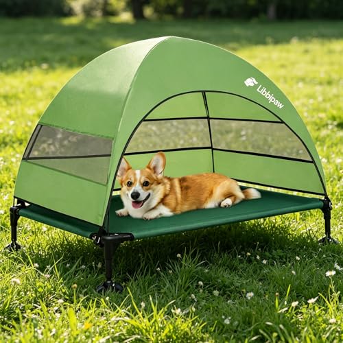 Windproof Elevated Dog Bed with Canopy & Stakes, 3-Sided 90% UV Block, Chew-Proof Teslin Mesh Mat for Large Dogs up to 150lbs(Green Large) - color: Green, size: Large
