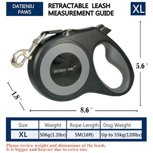XL 16FT Retractable Dog Leash for Large Dog up to 120 lbs, Chew Proof Steel Wire Extender, One-Hand Brake & Lock, Tangle-Free Heavy Duty Walking Leash XL Black - color: Black
