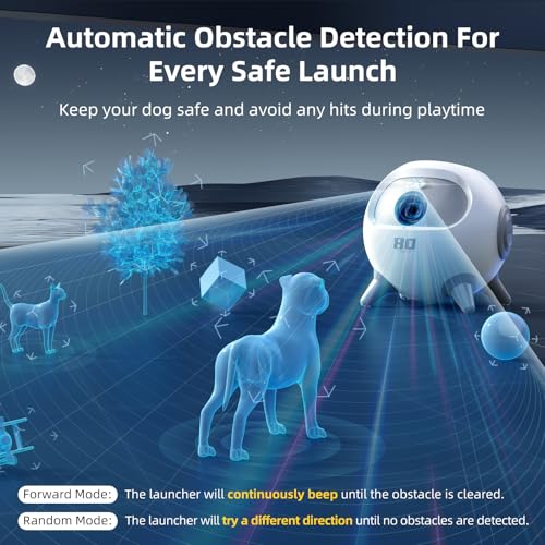 uahpet Automatic Ball Launcher for Dogs with Obstacle Detection, 20ft-80ft Adjustable Distances Ball Thrower Launcher for Medium & Large Dogs, with 4 Balls (2.5 inches)