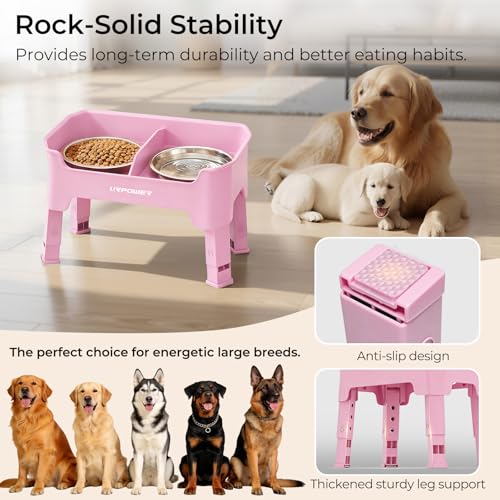 URPOWER Mess Proof Elevated Dog Bowls 4 Height Adjustable Raised Bowl Stand with 2 Stainless Steel Dog Bowls Non-Slip Food and Water Bowl Set for Small, Medium, Large Dogs, Pink - color: Pink, size: Medium
