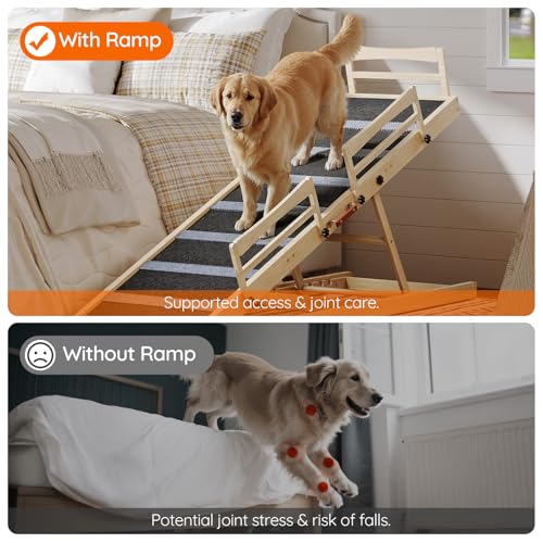 HOOBRO Dog Ramp for Bed, 63" Long Folding Pet Ramp with Non-Slip Mat and Safety Side Rails, 5 Height Adjustable up to 29.5", Wooden Dog Ramp for Couch, for Small/Large Dogs, Natural and Black NB46PT03 - size: 63.0"L x 17.7"W x 3.7"H