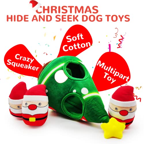 lilfrd Christmas Dog Toys, 4 Pack Santa Xmas Tree Hide Seek Squeaky Toy | Lovely Christmas seasonal treat, suitable for small and medium breeds - style: Christmas Tree & Santa