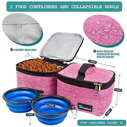 PetAmi Dog Travel Bag Organizer, Pet Travel Kit with 2 Food Containers & 2 Collapsible Dog Bowls, Pet Supplies Tote with Luggage Sleeve, Weekend Road Trip Camping Essentials, Pink, Medium - color: Pink, size: Medium - 14.5"L x 8"W x 12.0"H