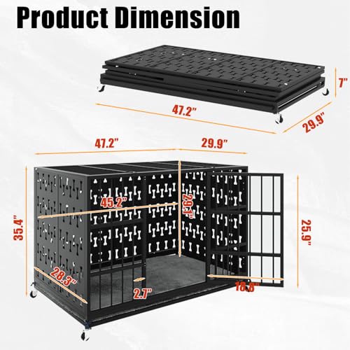 LEMBERI 48" Heavy Duty Indestructible Privacy Enclosed Dog Crate with Mat, 500lbs Capacity Escape Proof Dog Kennel, 36" Tall High Anxiety XL Metal Dog Cage with Lockable Wheels, Removable Tray, Black - color: Black, size: 47.2"L x 29.9"W x 35.4"H