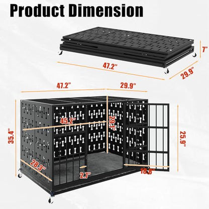 LEMBERI 48" Heavy Duty Indestructible Privacy Enclosed Dog Crate with Mat, 500lbs Capacity Escape Proof Dog Kennel, 36" Tall High Anxiety XL Metal Dog Cage with Lockable Wheels, Removable Tray, Black - color: Black, size: 47.2"L x 29.9"W x 35.4"H