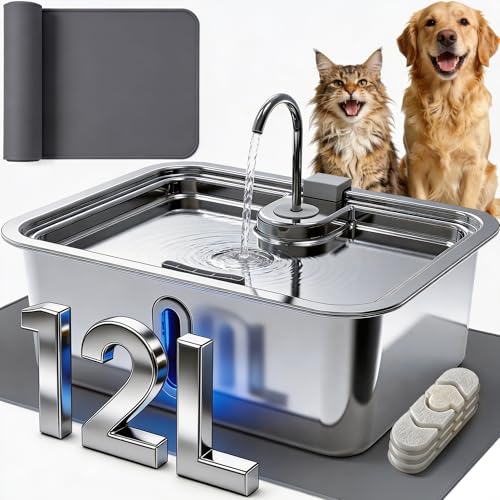 12L/3.17Gal Dog Water Fountain with Silicone Mat & 3 Filters, Stainless Steel Multi Pet Water Dispenser, Quiet Automatic Dog Water Bowl Dispenser with Visible Window & Alert Light for Large Dogs Cats - color: Silver, size: 12L/3.17Gal Fountain + 3 Filters