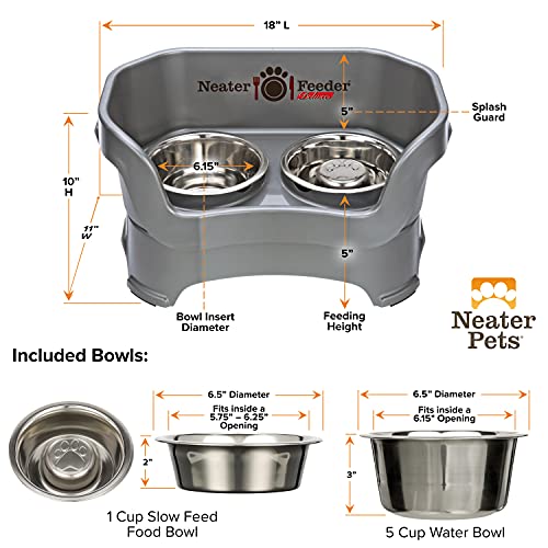 Neater Feeder Deluxe Mess Proof Dog Bowls Elevated for Medium Sized Breeds – Made in USA – No Spill Raised Slow Feeder Elevated Dog Bowl Stand, Stainless Steel Food and Water Bowl Set, Grey - color: Gunmetal Grey, size: Medium with Slow Feed Bowl