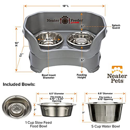 Neater Feeder Deluxe Mess Proof Dog Bowls Elevated for Medium Sized Breeds – Made in USA – No Spill Raised Slow Feeder Elevated Dog Bowl Stand, Stainless Steel Food and Water Bowl Set, Grey - color: Gunmetal Grey, size: Medium with Slow Feed Bowl