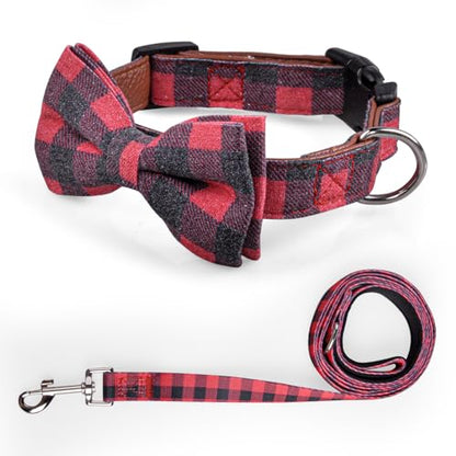 IVY&LANE Dog Collar with Bowtie and Leash Set | Plaid Adjustable Dog Collar | Detachable Bow Tie |5 FT Dog Leash | for Small Medium Large Dogs | Checkered Red | Small - color: Checkered Red, size: S