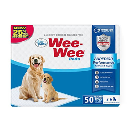 Four Paws Wee-Wee Superior Performance Unscented Pee Pads for Dogs & Puppies, Quilted Leak-Proof Dog Housebreaking Potty Training Floor Protection, 22" x 23", 50 Count - size: 50 Count