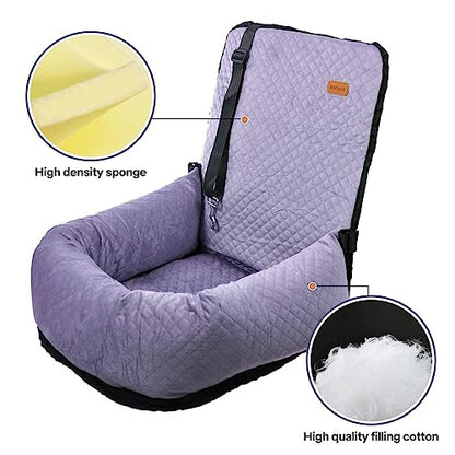 Dog Car Seat for Small Medium Dogs Up to 40lbs, Detachable Washable Soft Pet Booster Travel Bed for Front & Purple Seat with Safety Leash Belt - color: Purple