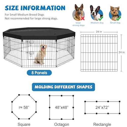 Dog Pen Pet Playpen Dog Fence Indoor Foldable Metal Wire Exercise Puppy Play Yard Pet Enclosure Indoor Outdoor 8 Panels 24 Inch with Bottom Pad/Top Cover (Black with top Cover) - style: Playpen + top cover