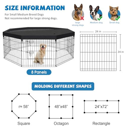 Dog Pen Pet Playpen Dog Fence Indoor Foldable Metal Wire Exercise Puppy Play Yard Pet Enclosure Indoor Outdoor 8 Panels 24 Inch with Bottom Pad/Top Cover (Black with top Cover) - style: Playpen + top cover