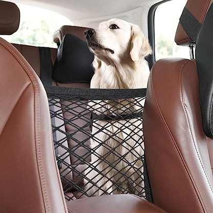 rabbitgoo Dog Car Net Barrier for SUVs, Pet Barrier with Metal Hooks & Stretchable Mesh, Car Divider & Storage Bag, Easy to Install, Drive Safely with Children & Pets, 13.98"×15.55" - size: 13.98" x 15.55"