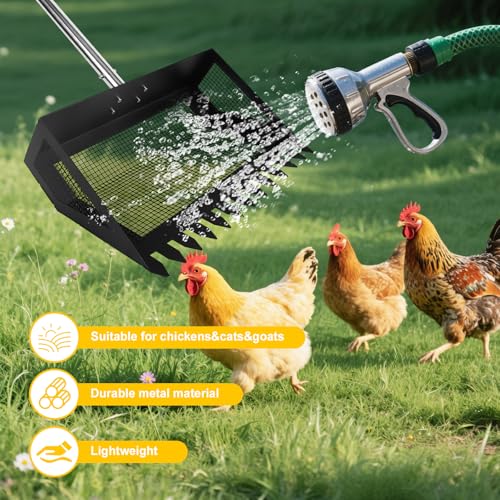 15inch Extra Large Chicken Poop Scooper,Adjustable Chicken Coop Scooper for Poop，Stainless Steel Chicken Poop Scooper Rake with 24 to 68" Handle,Litter Scooper Sifting Shovel Chicken Coop - color: Black