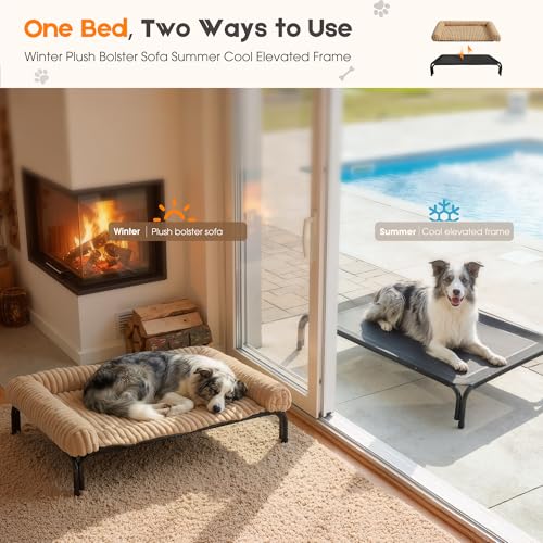 Elevated Dog Bed with Removable Fluffy Pillow Cushion, Raised Pet Cot Washable Bolster, Dog Couch Sofa, Anti Slip Feet, Breathable Mesh, Khaki, 49"×36" - color: khaki, size: XL(49"×36"×8")