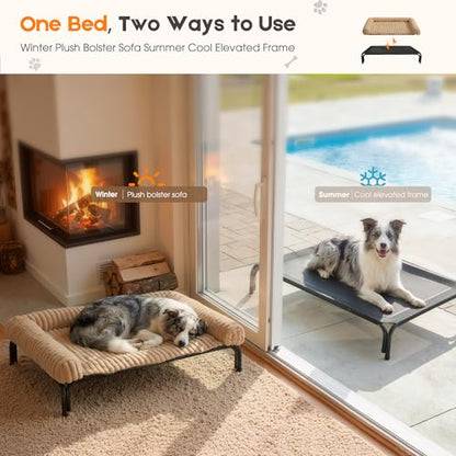 Elevated Dog Bed with Removable Fluffy Pillow Cushion, Raised Pet Cot Washable Bolster, Dog Couch Sofa, Anti Slip Feet, Breathable Mesh, Khaki, 49"×36" - color: khaki, size: XL(49"×36"×8")