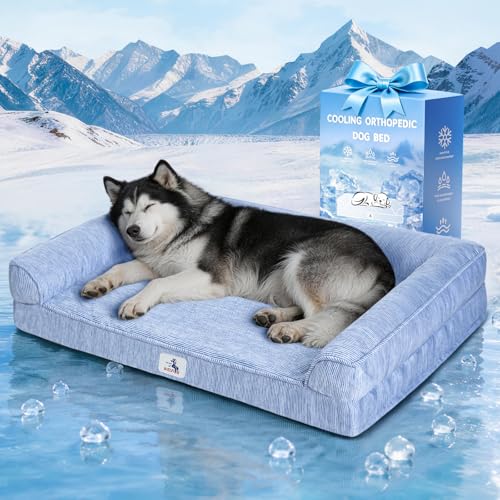 Cooling Dog Bed for Extra Large Dogs, Orthopedic Dog Bed with Pillow Memory Foam Waterproof Couch Removable Cover Washable Nylon Pet Sofa with Non Slip Bottom Indoor Outdoor XL (48" Blue) - color: Glacier Blue, size: 48x32x7.5inch